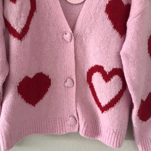 Pink & Red Hearts Printed Slouchy Stretchy Heart Buttoned Cardigan Size S - Picture 2 of 9